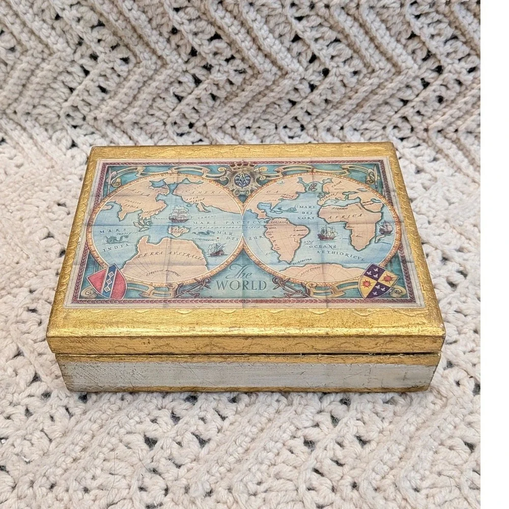 Vintage Italian Gold Leaf Wood Trinket Box World Map Florentine Made in Italy
